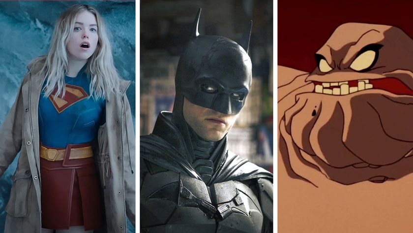 Split image showing Milly Alcock as Kara Zor-El, aka Supergirl, Robert Pattinson as The Batman, and a cartoon version of Clayface.