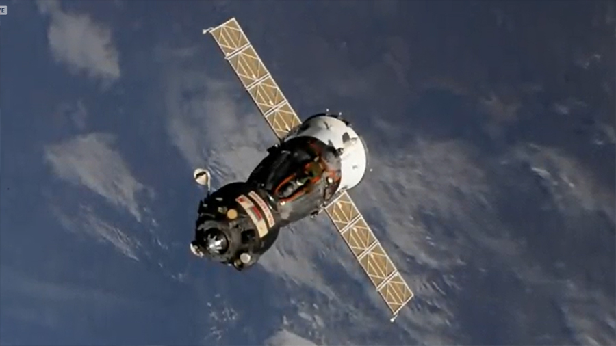 The Soyuz MS-18 crew ship departs the International Space Station on Oct. 16, 2021.