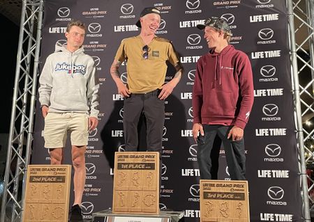 Top 3 pro men in 2022 Life Time Grand Prix (L to R): Alexey Vermeulen in second, winner Keegan Swenson, Russell Finsterwald in third