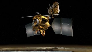 A photo of the Mars Reconnaissance orbiter over Mars