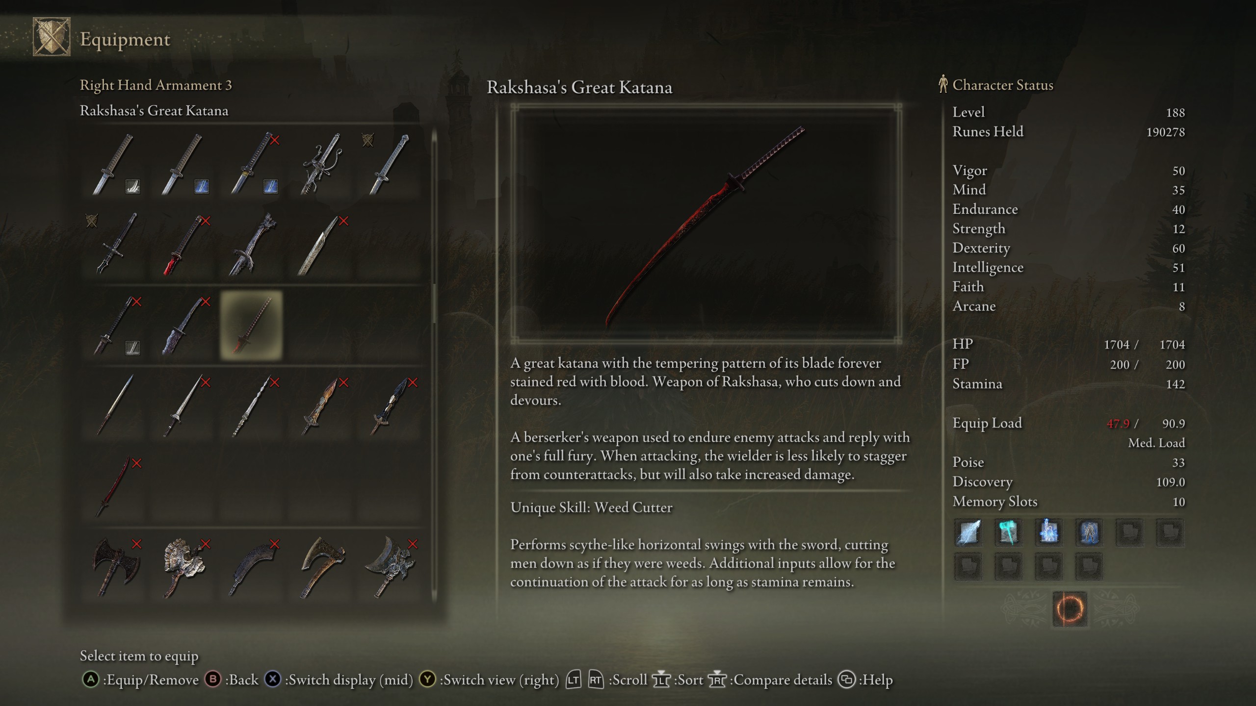 Elden Ring : gameplay de Shadow of the Erdtree montrant les statistiques et l'emplacement du Grand Katana de Rakshasa, le meilleur Grand Katana du DLC