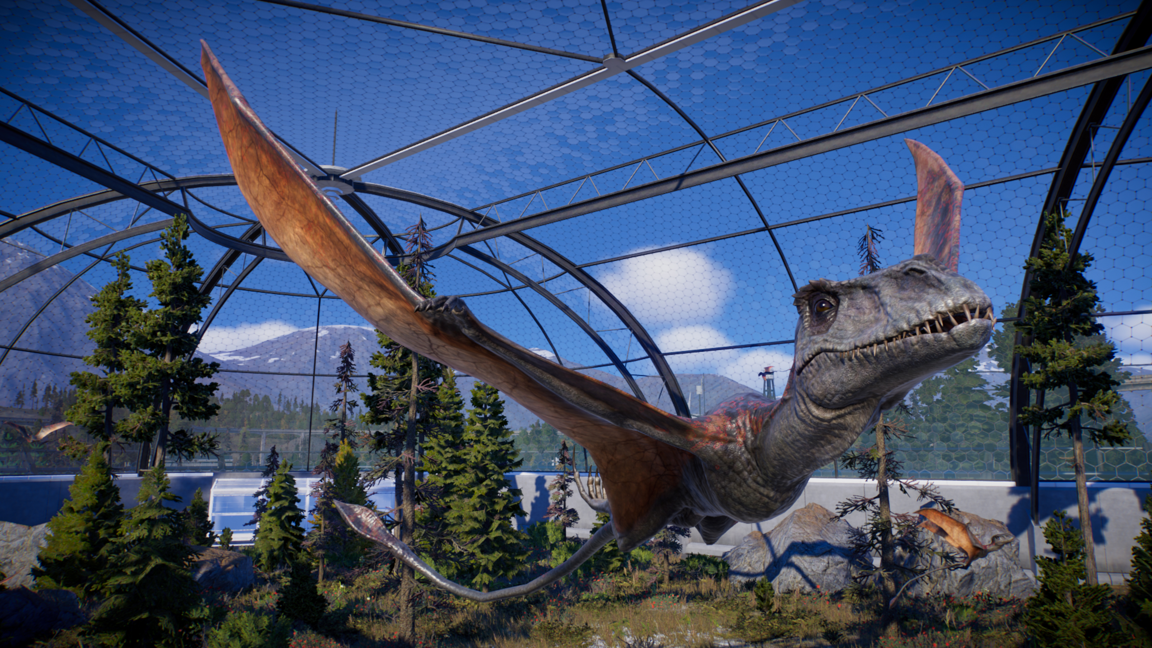 A winged dinosaur taking flight in an domed enclosure