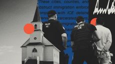 Photo composite of ICE officers detaining an immigrant and a church