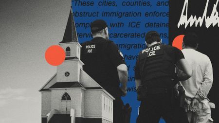 Photo composite of ICE officers detaining an immigrant and a church