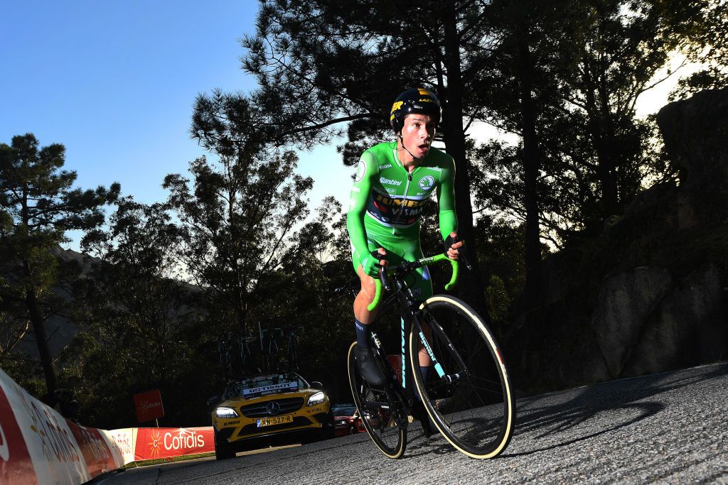 MIRADOR DE ZARO DUMBRA SPAIN NOVEMBER 03 Primoz Roglic of Slovenia and Team Jumbo Visma Green Points Jersey during the 75th Tour of Spain 2020 Stage 13 a 337km Individual Time Trial stage from Muros to Mirador de zaro Dumbra 278m ITT lavuelta LaVuelta20 La Vuelta on November 03 2020 in Mirador de zaro Dumbra Spain Photo by David RamosGetty Images