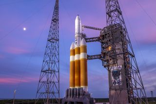 A United Launch Alliance Delta IV Heavy rocket carrying the classified NROL-44 spy satellite stands atop Space Launch Complex 37 at Cape Canaveral Air Force Station in this Aug. 28, 2020 image. The mission will launch on Dec. 10.