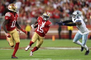 Deebo Samuel #19 of the San Francisco 49ers runs after a catch during the third quarter against the Dallas Cowboys at Levi's Stadium on October 08, 2023