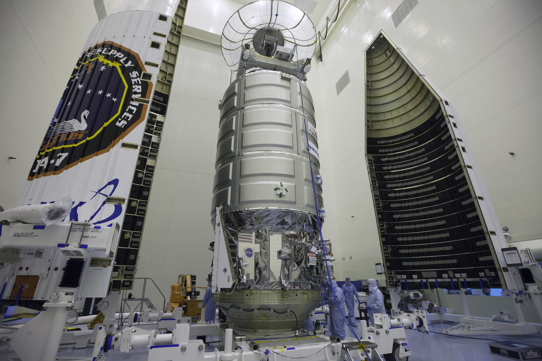 The Orbital ATK Cygnus spacecraft S.S. John Glenn is seen before being encapsulated in its protective shroud at the Payload Hazardous Servicing Facility at NASA&#039;s Kennedy Space Center in Cape Canaveral, Florida on March 9, 2017. The cargo ship will launc