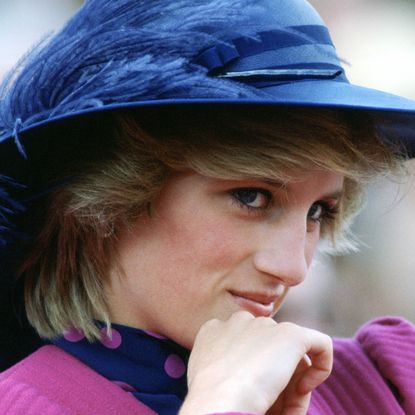 Princess Diana wearing a blue feathered hat and pnik dress leaning her chin on her hand
