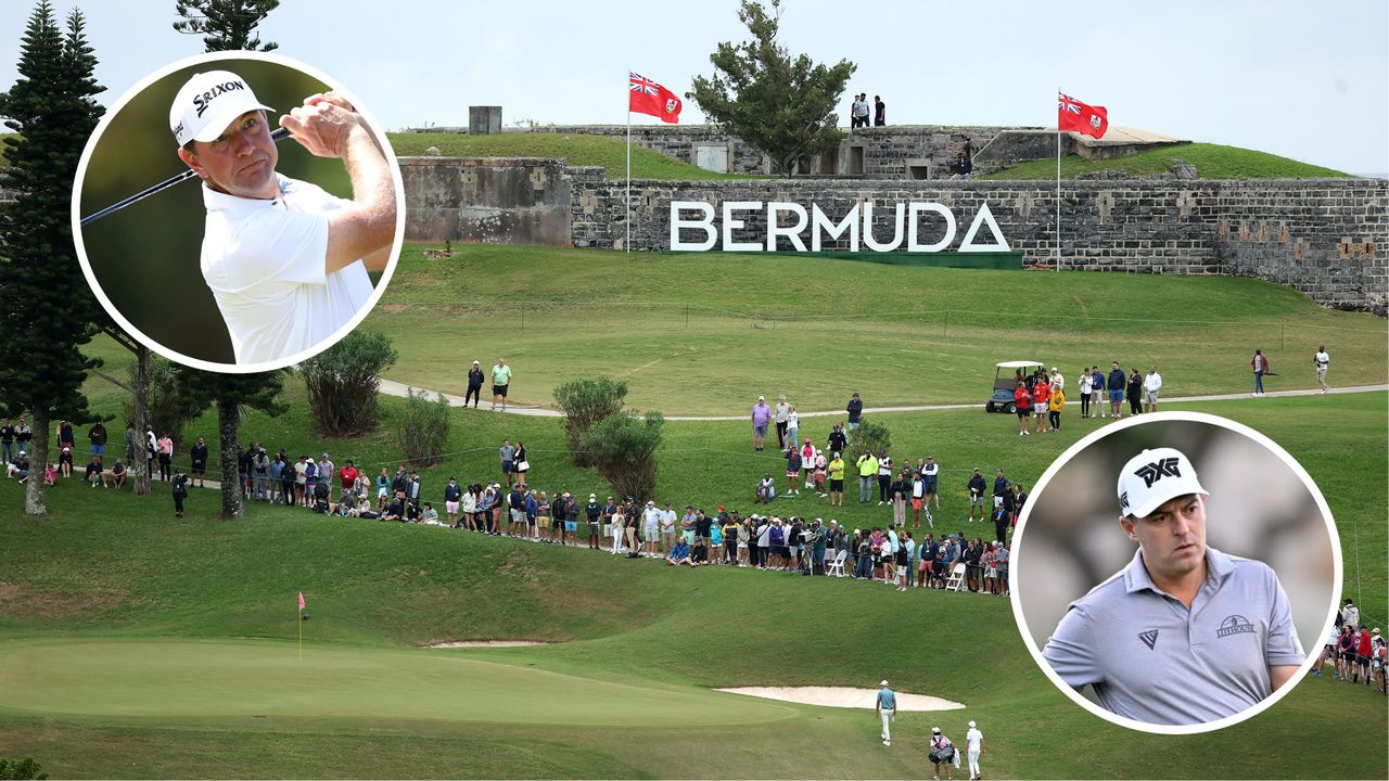 Main image is general view shot of Butterfield Bermuda Championship landscape with two inset photos of Lucas Glover (top left) and Justin Lower (bottom right)