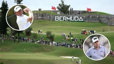 Main image is general view shot of Butterfield Bermuda Championship landscape with two inset photos of Lucas Glover (top left) and Justin Lower (bottom right)