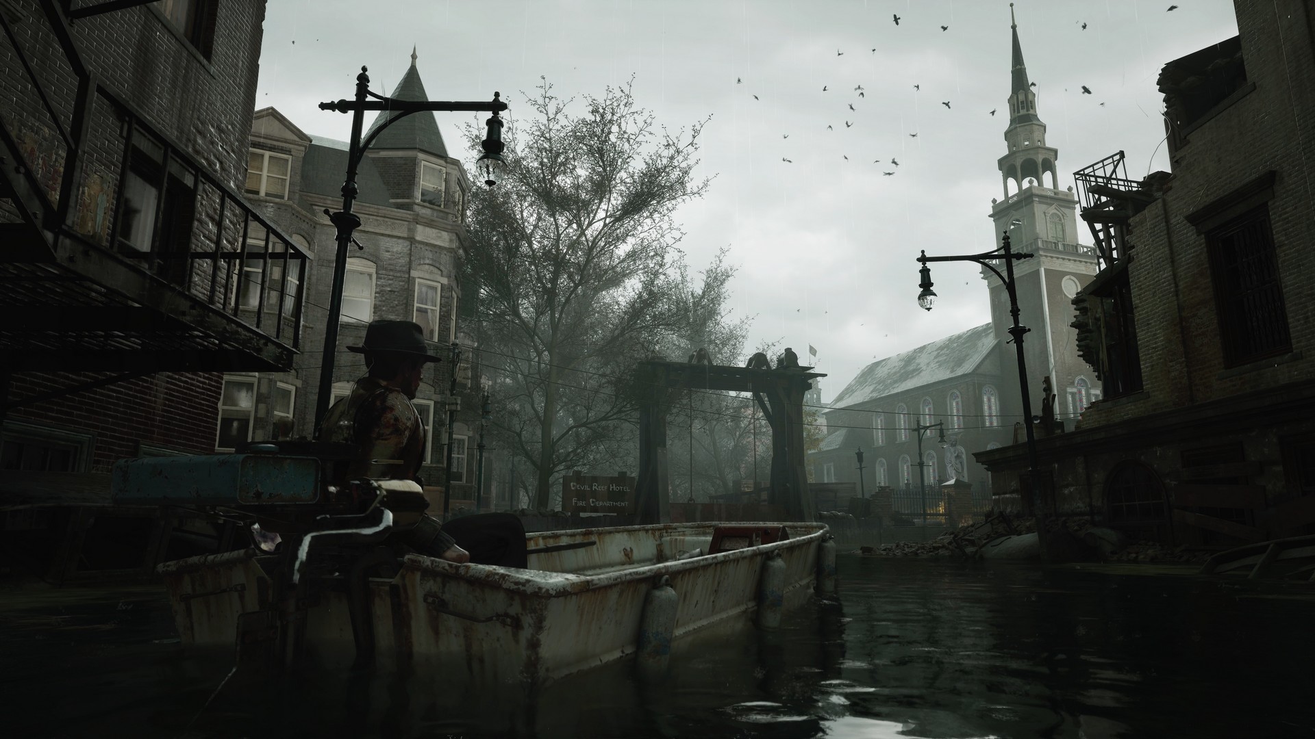 Calvin steers a boat through in The Sinking City 2 through flooded streets and towards a church