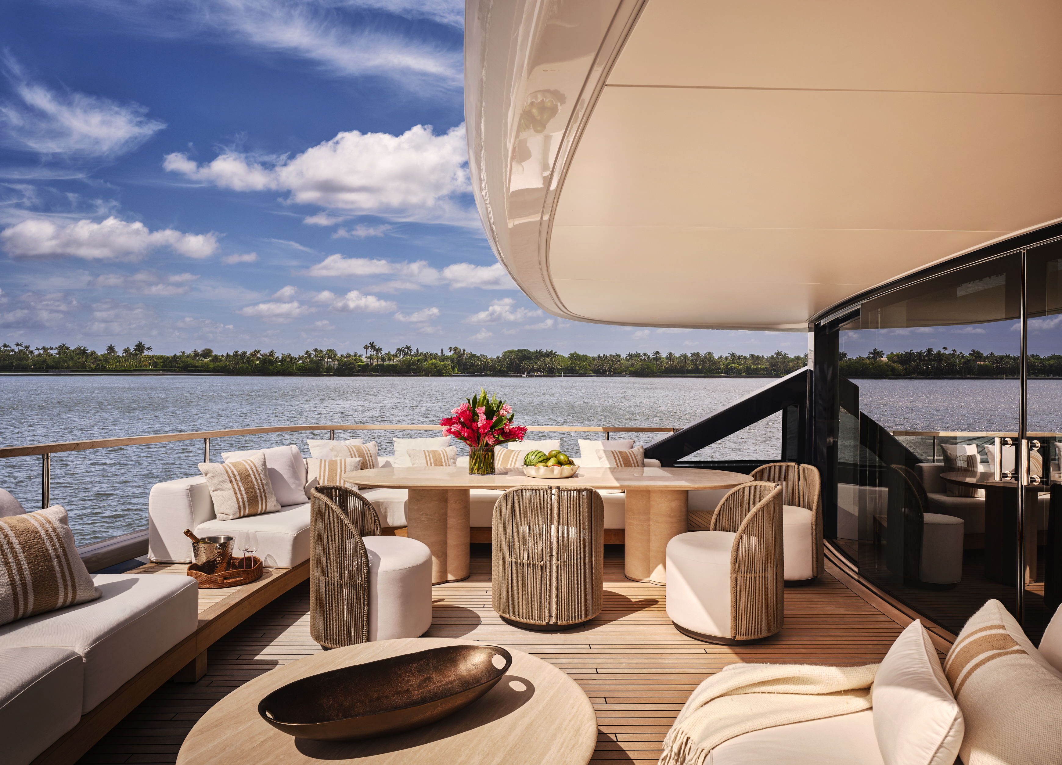 dining area on the deck of a luxury yacht