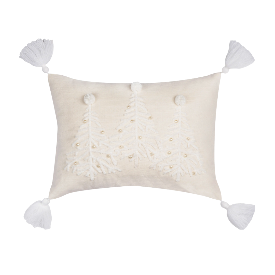 White Christmas Tree W/ Embellished Pearl Beads Cotton Blend Mini Accent Pillow 12" X 16"