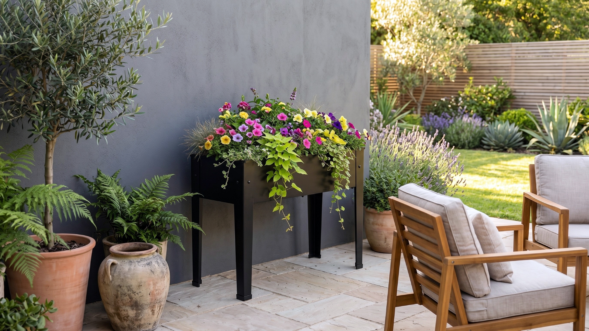 Aldi Belavi planter in a modern garden
