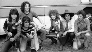 The Sensational Alex Harvey Band, group portrait, backstage at Reading, Festival, Reading, United Kingdom, 25 August 1973
