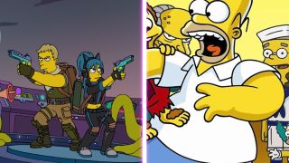 Hope and Jonesy in The Simpsons style stand back to back aiming pistols