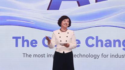 Jacqueline Shi, president of Huawei Cloud&rsquo;s global marketing and sales service, speaking at its Cloud Summit in Barcelona ahead of MWC 2025.