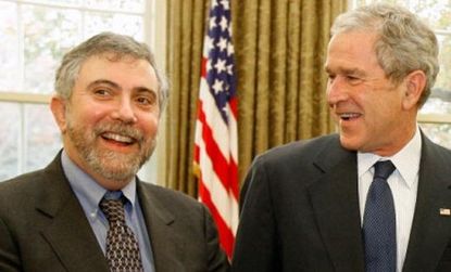 New York Times columnist Paul Krugman poses with then-President George W. Bush in 2008: The liberal writer has kicked off a frenzy of debate when he recently acknowledged he doesn't read many