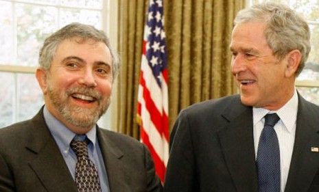 New York Times columnist Paul Krugman poses with then-President George W. Bush in 2008: The liberal writer has kicked off a frenzy of debate when he recently acknowledged he doesn&amp;#039;t read many