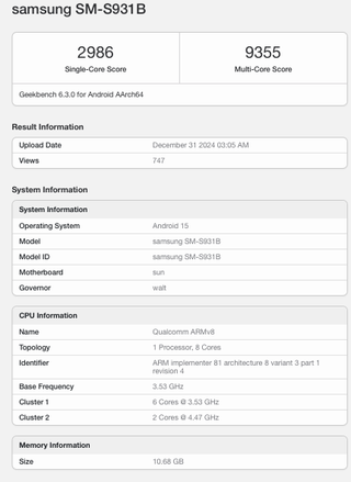 The Geekbench 6 scores for the Galaxy S25 Ultra.