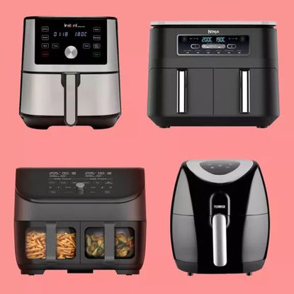 Image of four air fryers on pink background