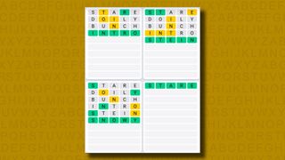 Quordle daily sequence answers for game 888 on a yellow background