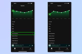 Screenshots showing the steps required to use the Spotify equalizer on iOS and Android