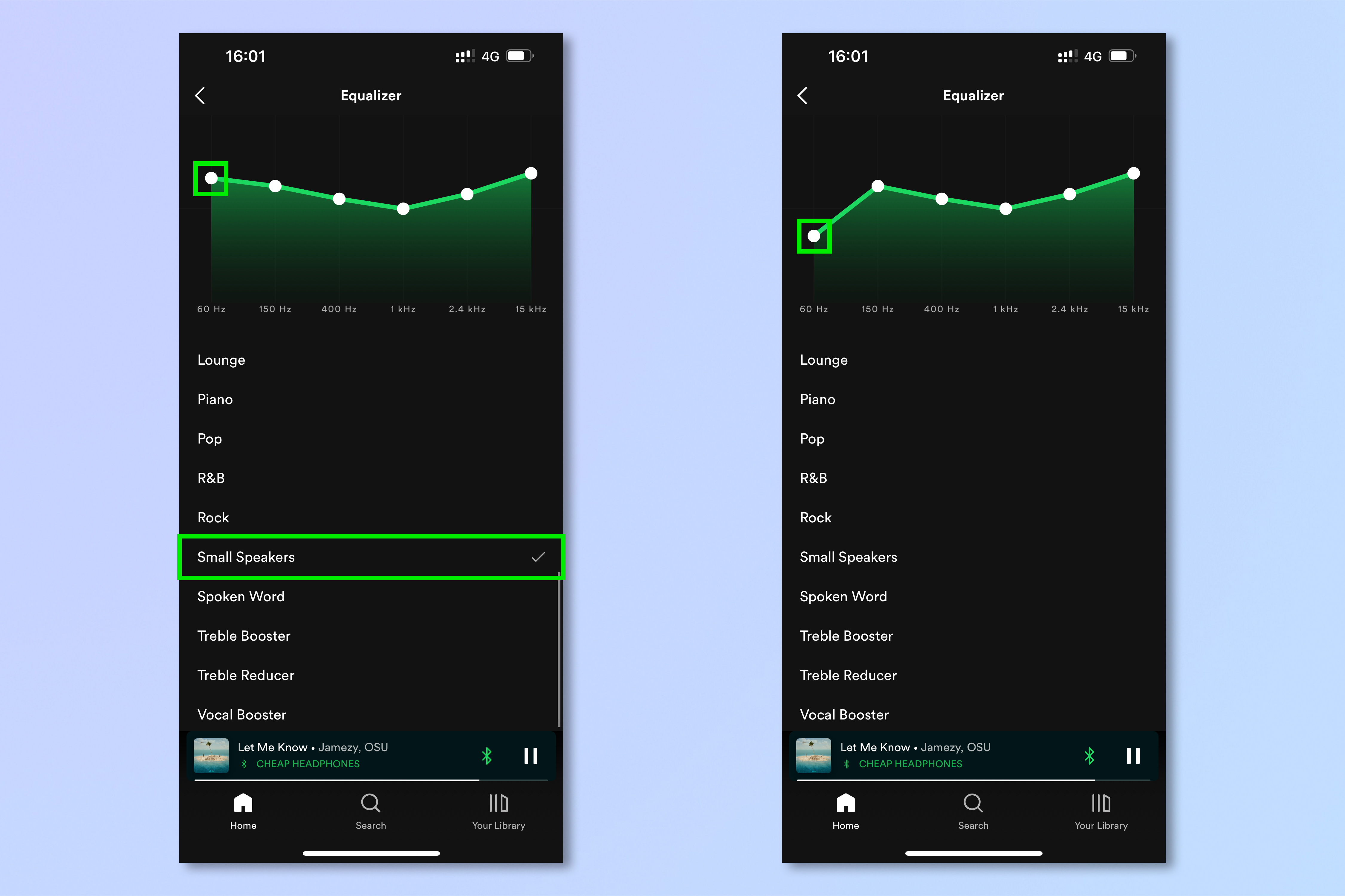 Capturas de pantalla que muestran los pasos necesarios para usar Spotify Equalizer en iOS y Android