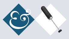 A black handheld milk foamer against a white diamond. A dark blue diamond beside it with a white & sign inside it. 