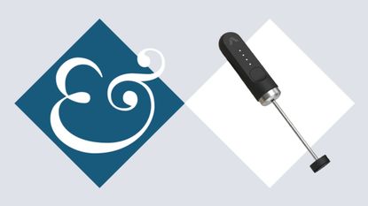 A black handheld milk foamer against a white diamond. A dark blue diamond beside it with a white & sign inside it. 