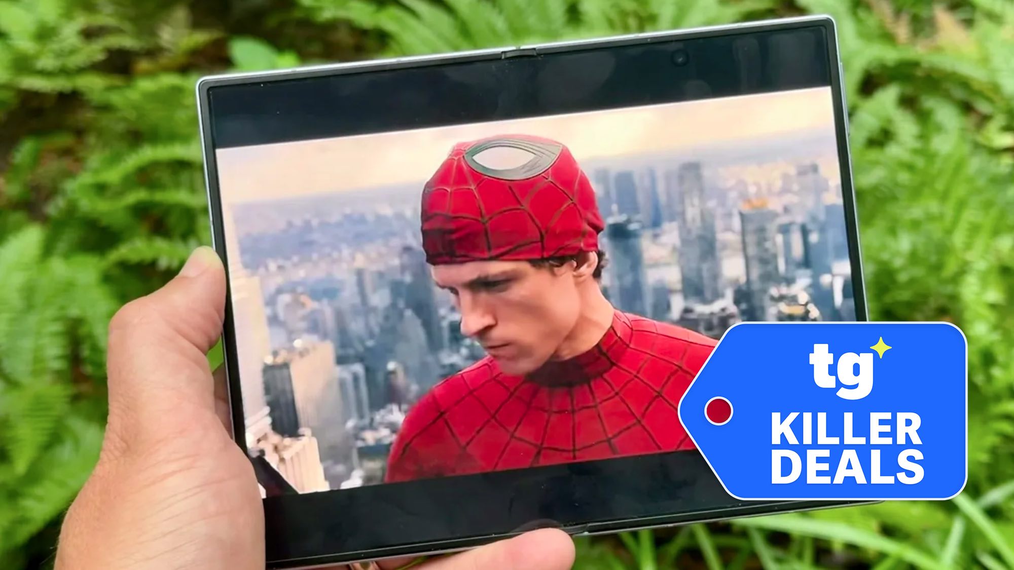 Samsung Galaxy Z Fold 8 playing Spider-Man: Brand New Day Trailer with deal tag
