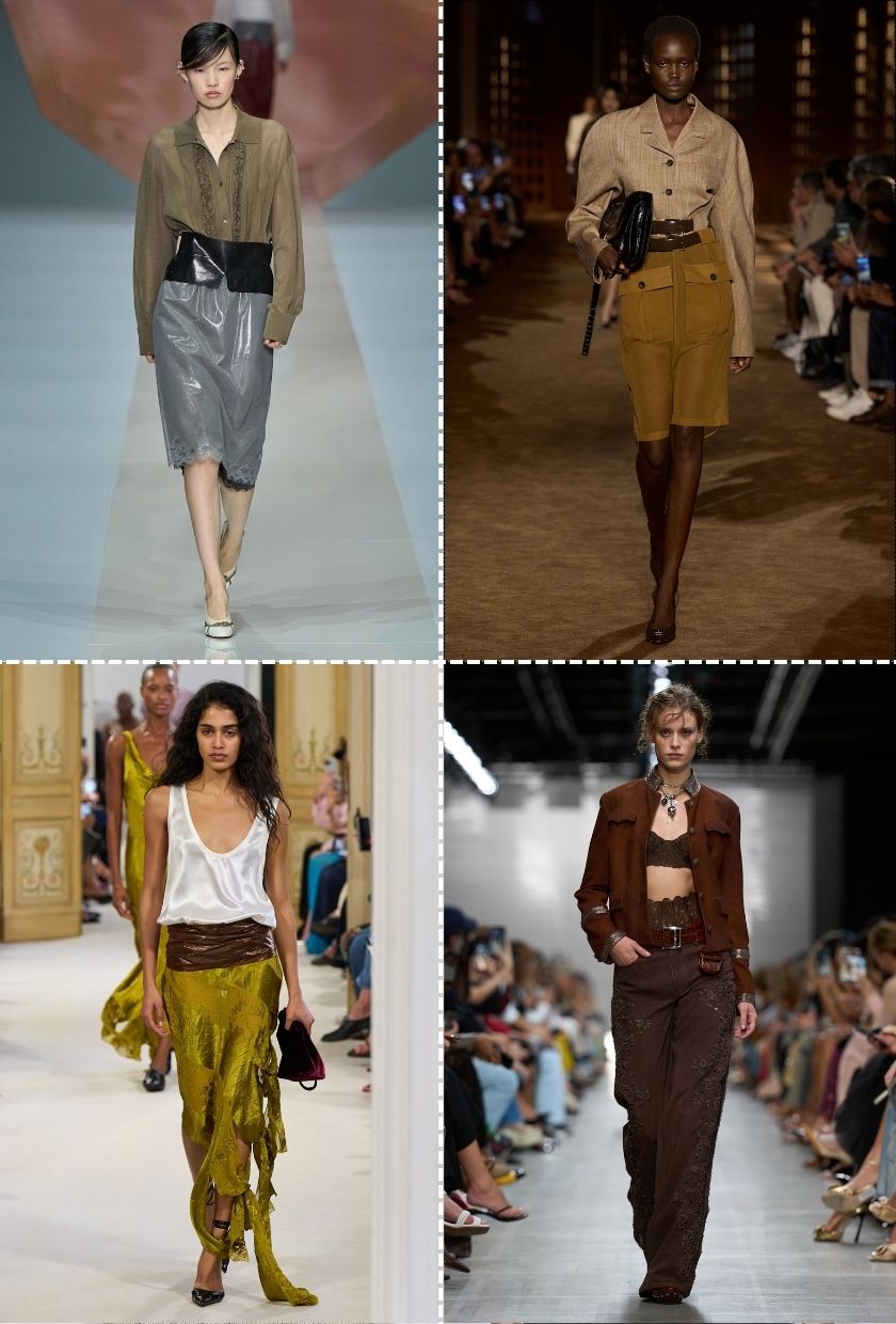 milan SS27 runway trends: collage of models wearing waist belt outfits