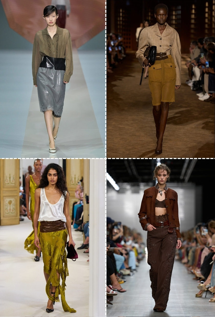 milan SS27 runway trends: collage of models wearing waist belt outfits