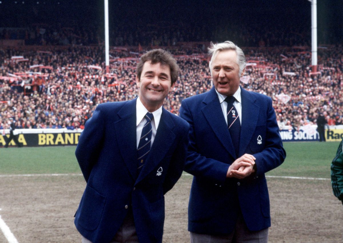 Manager Brian Clough and assistant manager Peter Taylor celebrate Nottingham Forest&#039;s 1977/78 First Division title win