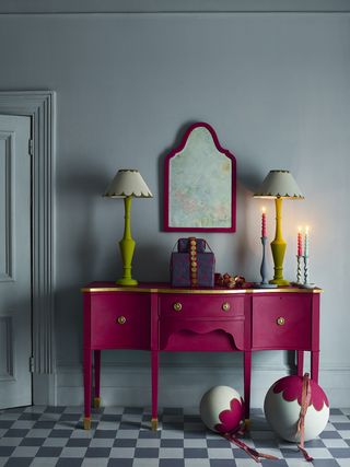 Pink dressing table and Christmas baubles by Annie Sloan