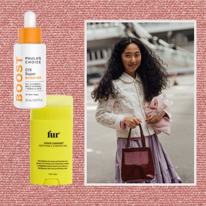 a woman with dark curly hair holding a maroon bag on a pink mica background next to two bottles of skincare
