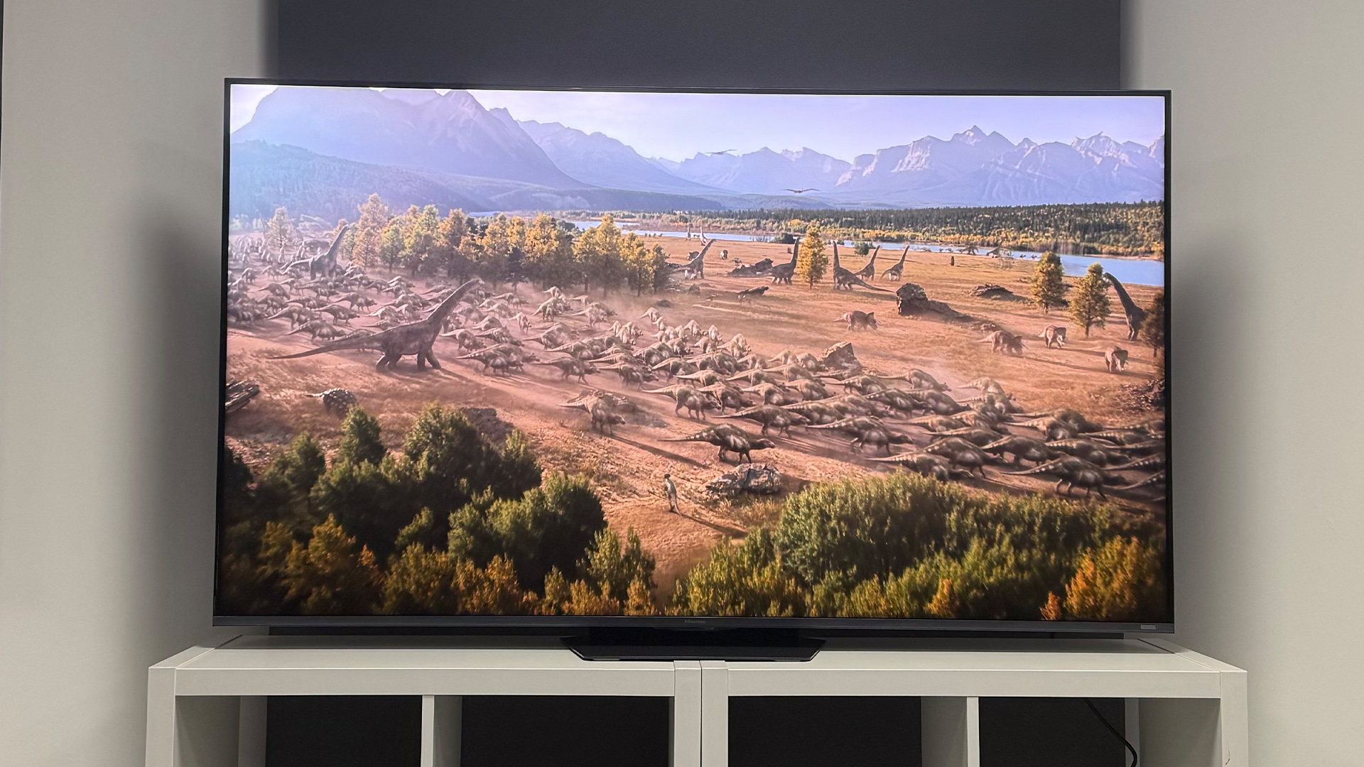The 65-inch Hisense UR9 RGB Mini LED TV, photographed on a white, wooden unit. On the screen is a still from Netflix documentary, The Dinosaurs.