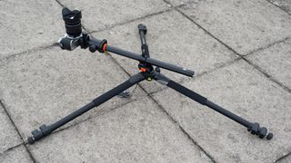 Image shows the Vanguard Alta Pro 263AB tripod with camera attached, facing upwards.