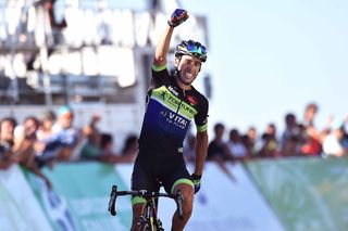 Eduardo Sepulveda (Fortuneo Vital Concept) celebrates as he crosses the line to win stage 4.
