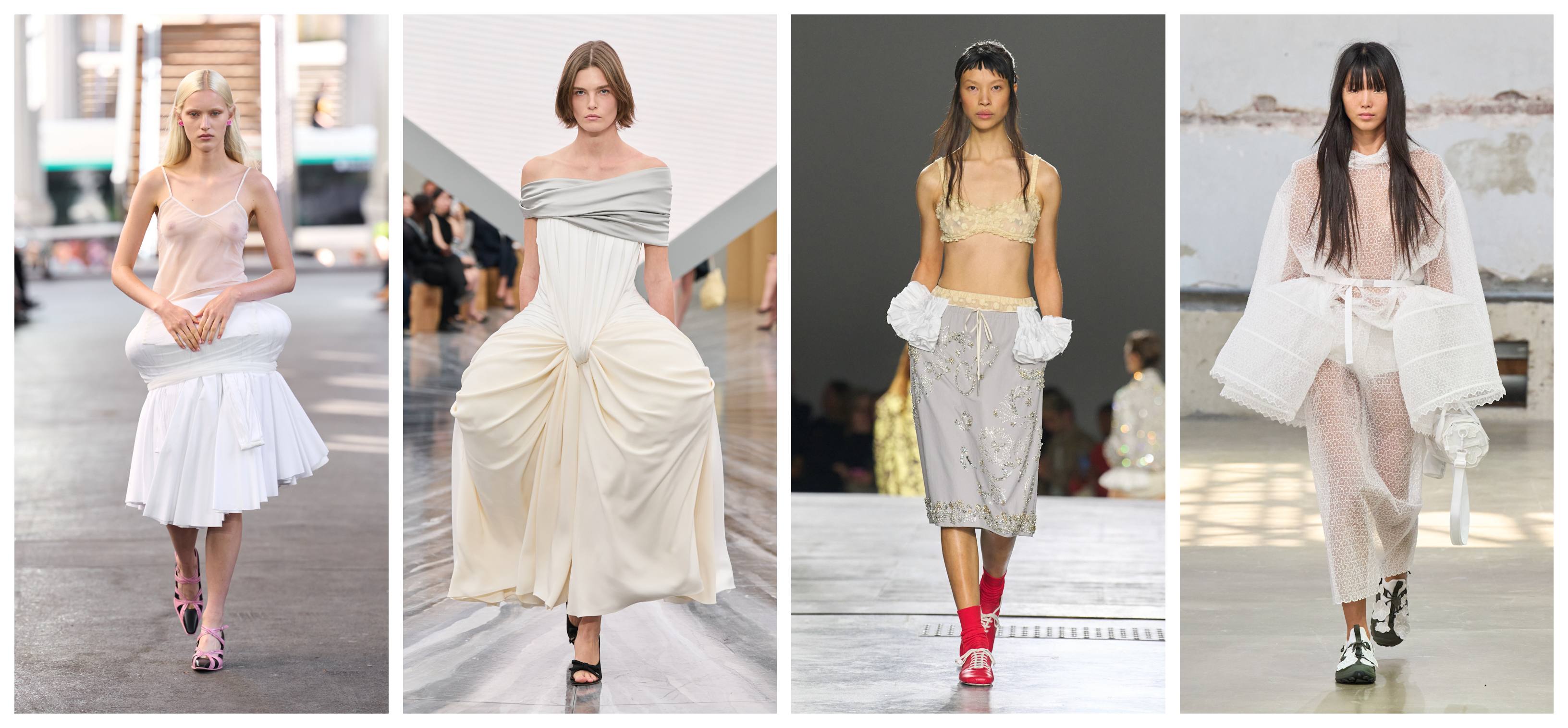 a collage of models on a runway wearing pannier skirts