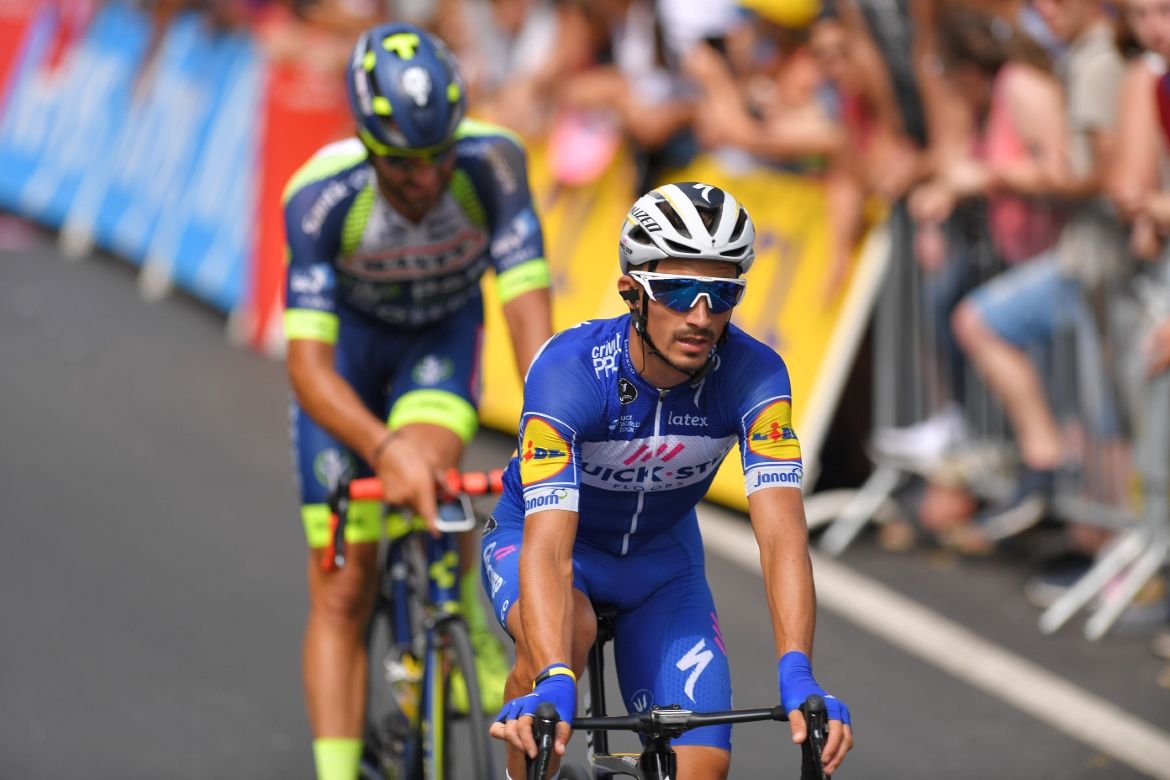 Julian Alaphilppe crosses the line