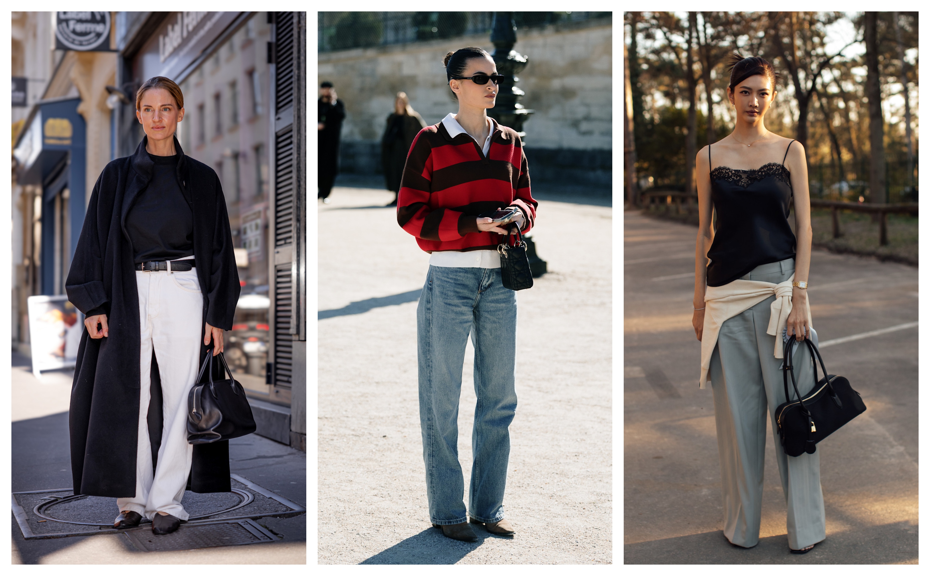 woman wearing white jeans and a black jacket with a navy sweatshirt; woman wearing a red and blue rugby shirt and light-wash jeans; woman wearing a black camisole with gray trousers. 