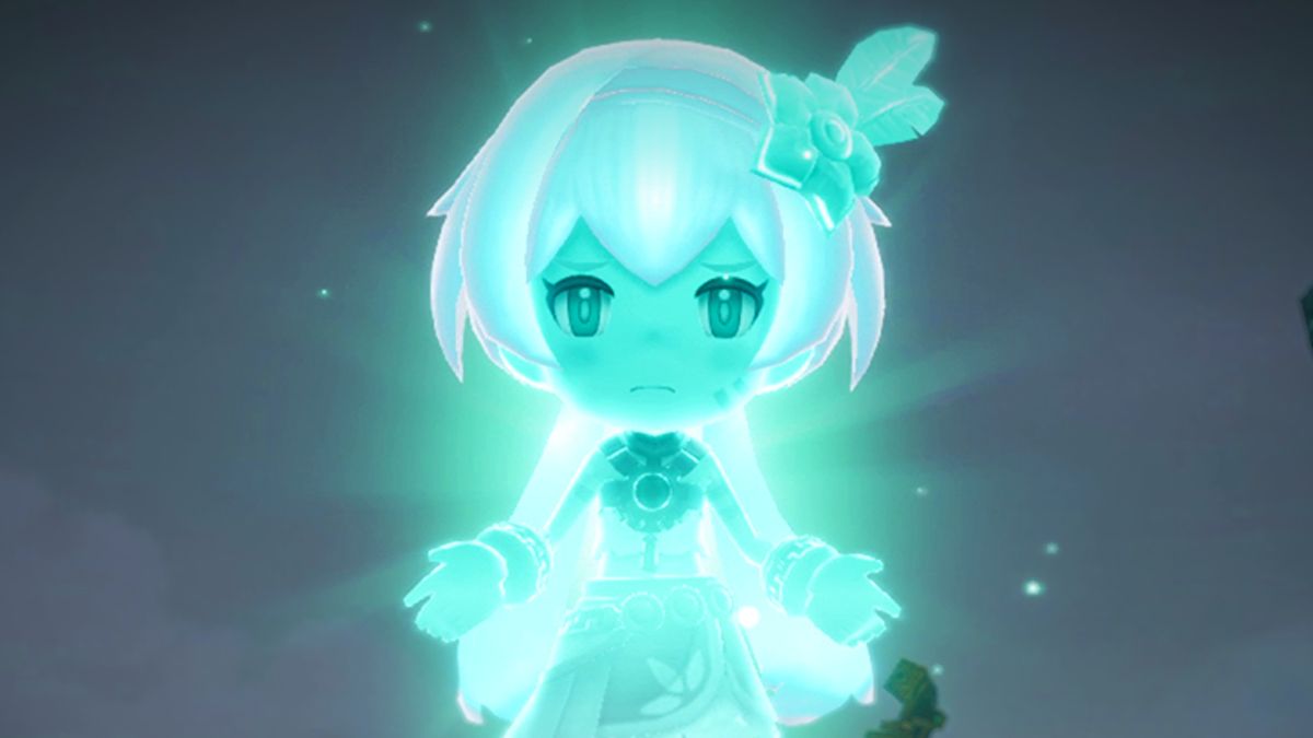 Fantasy Life i: The Girl Who Steals Time trailer screenshot showing a a cyan ghost-like female figure floating as light glows behind her, her expression sorrowful or worried