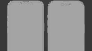 Two CAD renders of the iPhone 13 Pro (left) and iPhone 14 Pro, showing the difference between their bezels