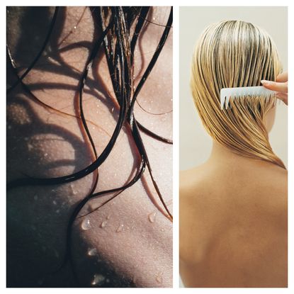 a woman with blonde hair and a comb and a close up of wet brunette hair