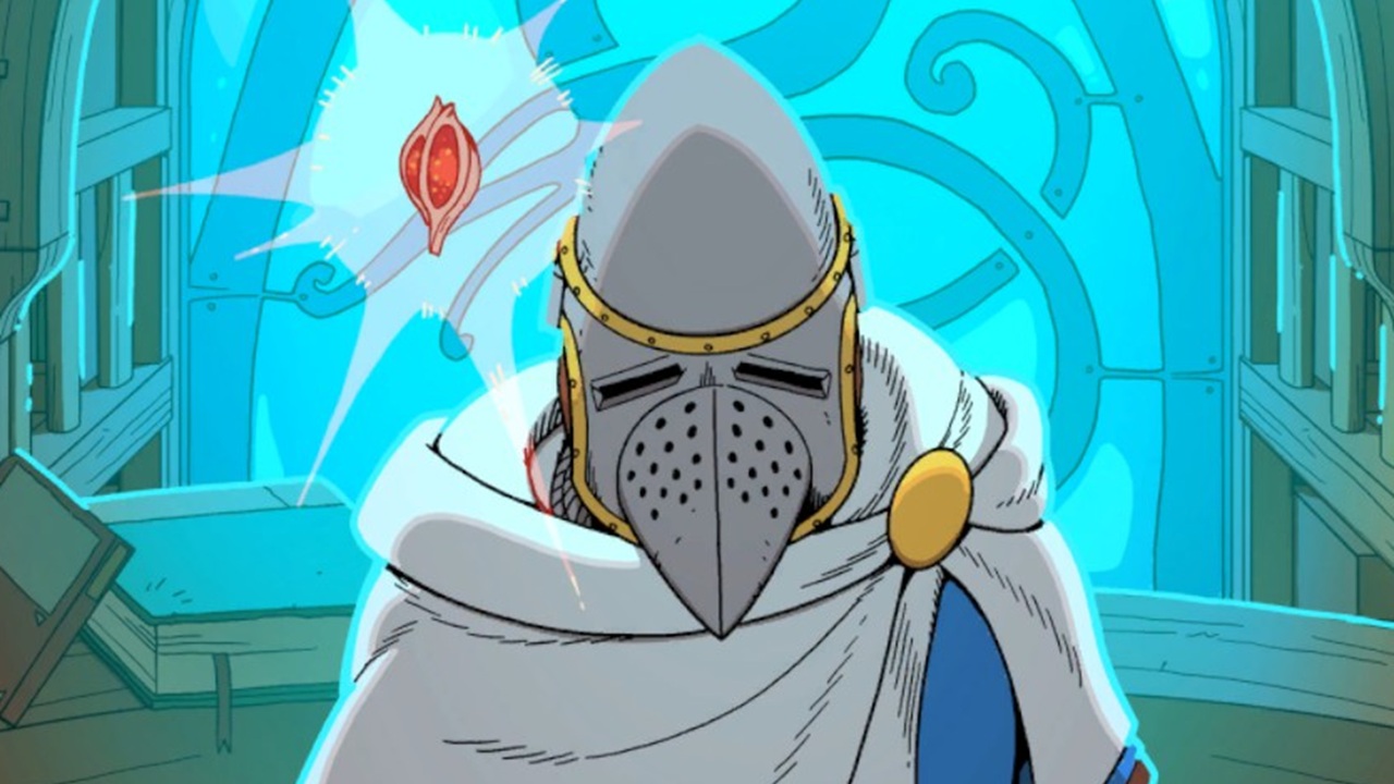 Esoteric Ebb Cleric wearing hound helm, looking down with blue window in background and red Ioun Stone over shoulder.