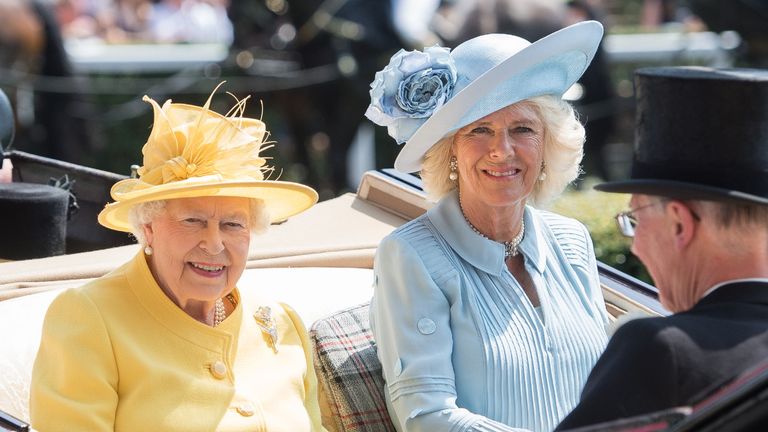 Queen and Camilla smiling at Ascot
