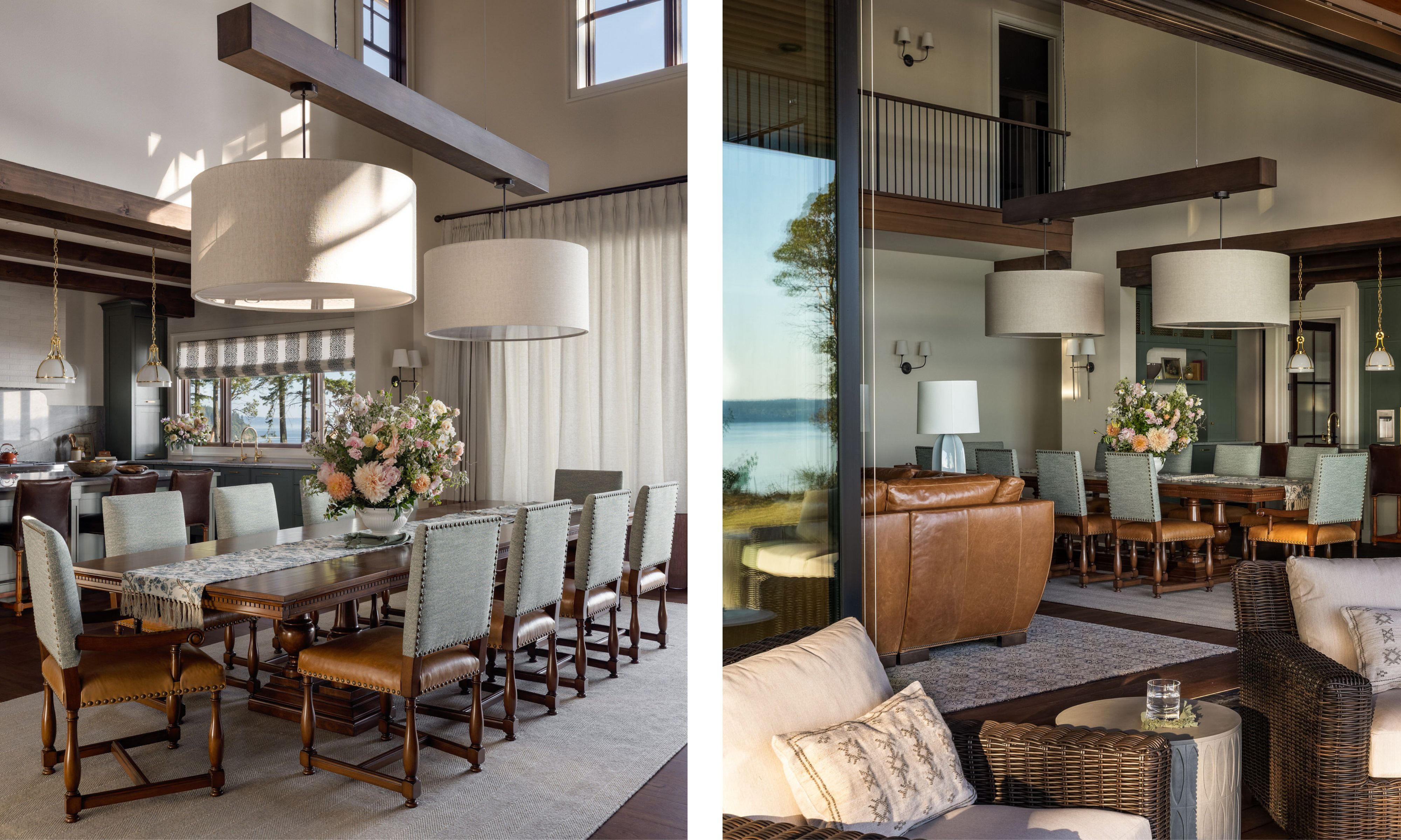Two images of a dining room in an open-plan home with a large wooden table and ten leather chairs, a gray carpet, and a wooden beam with two cream pendant lights suspended from it.