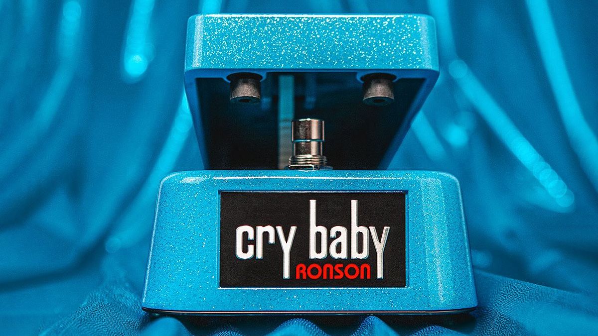 Dunlop Mick Ronson Cry Baby wah: a bright blue wah pedal with a bright red rubber-gripped footplate.